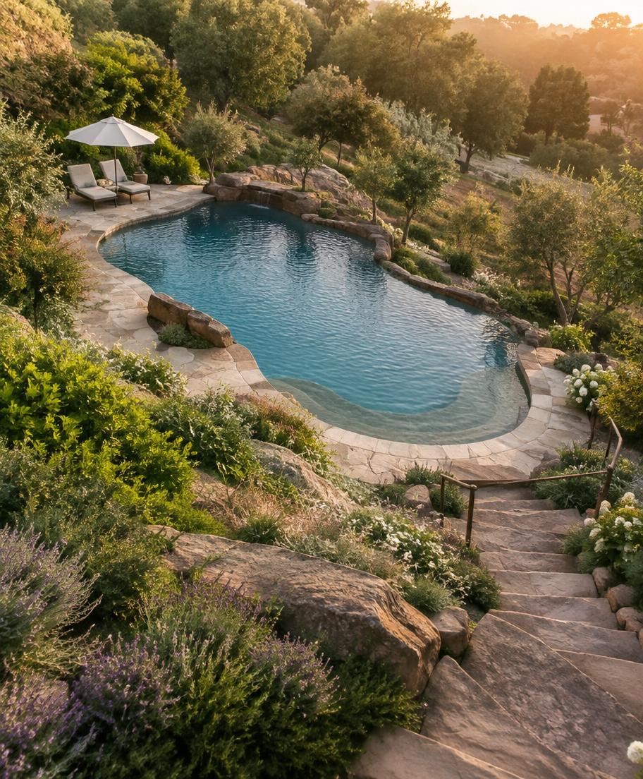 Freiform-Pool harmonisch eingebettet in einen Hanggarten mit Natursteinstufen