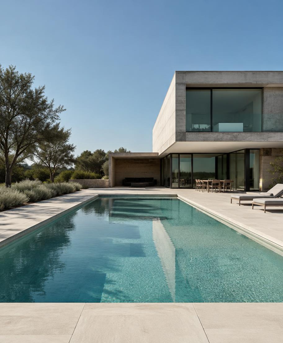 Minimalistischer Designpool mit Kalksteinumrandung vor moderner Architektur