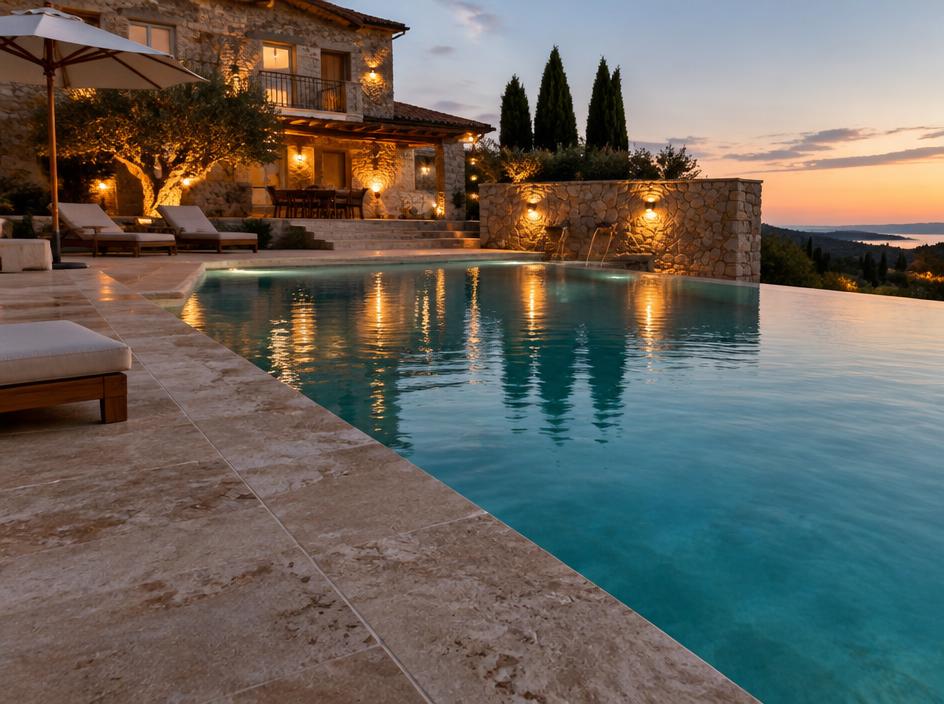 Pool mit Natursteinterrasse am Abend