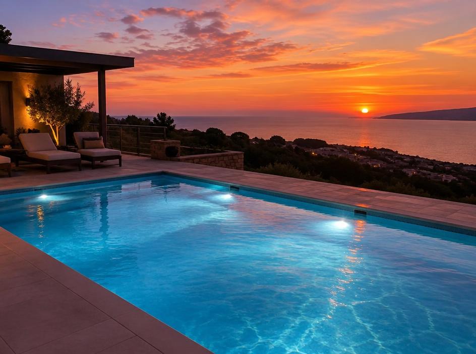 Beleuchteter Pool bei Sonnenuntergang
