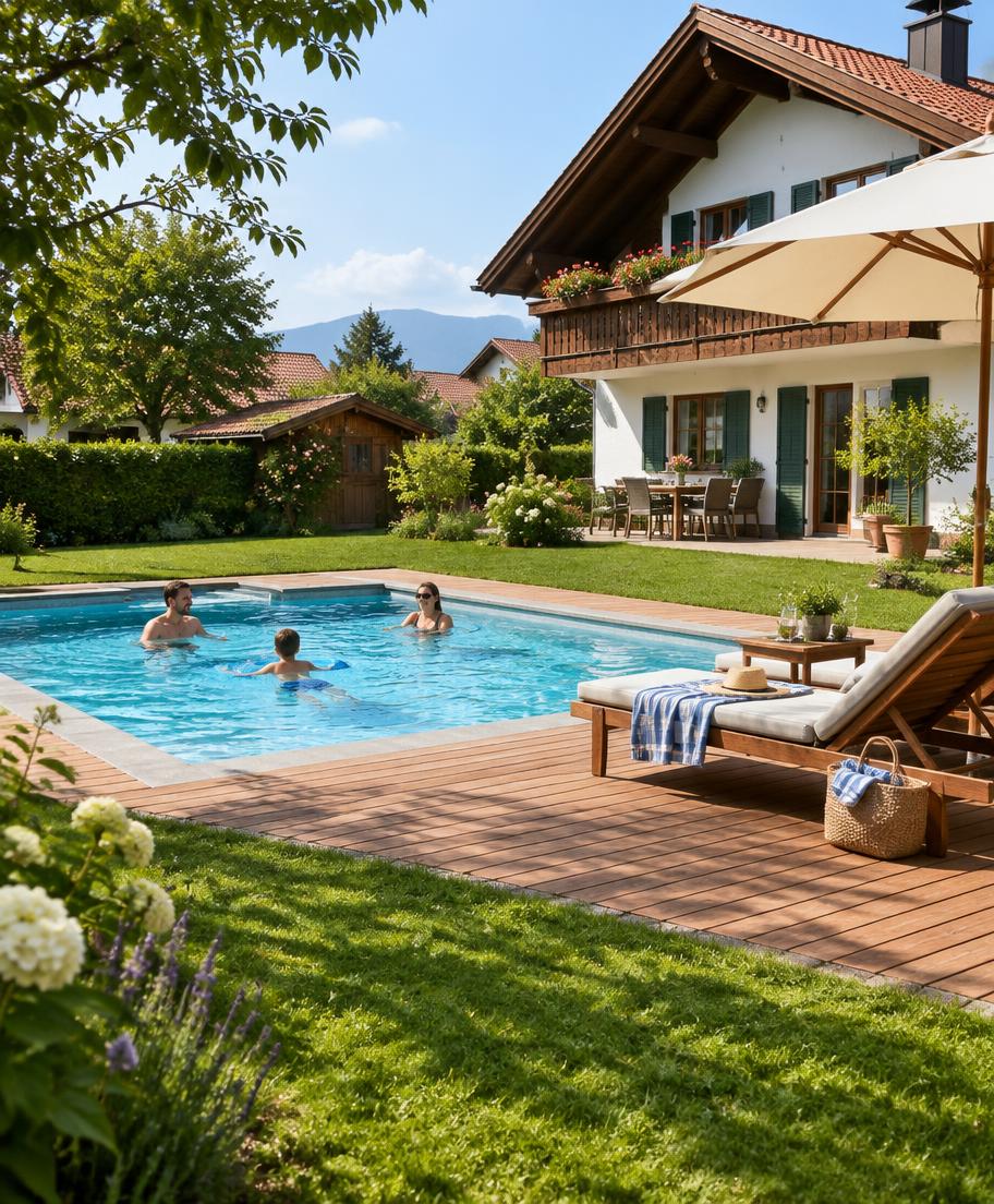 Familie im Gartenpool mit Holzdeck vor einem bayerischen Haus