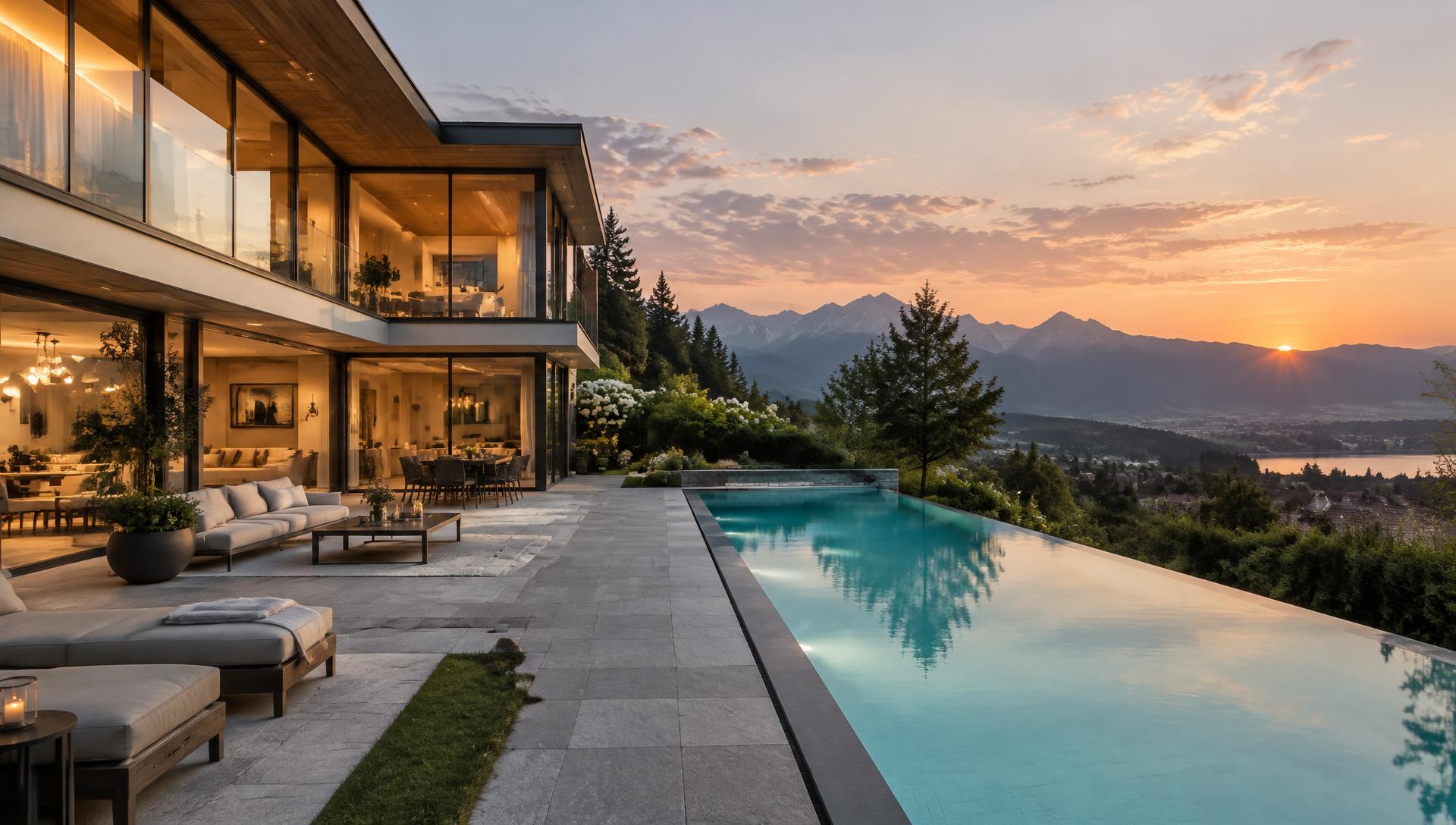 Moderner Infinity-Pool vor einer Villa mit Alpenblick bei Sonnenuntergang