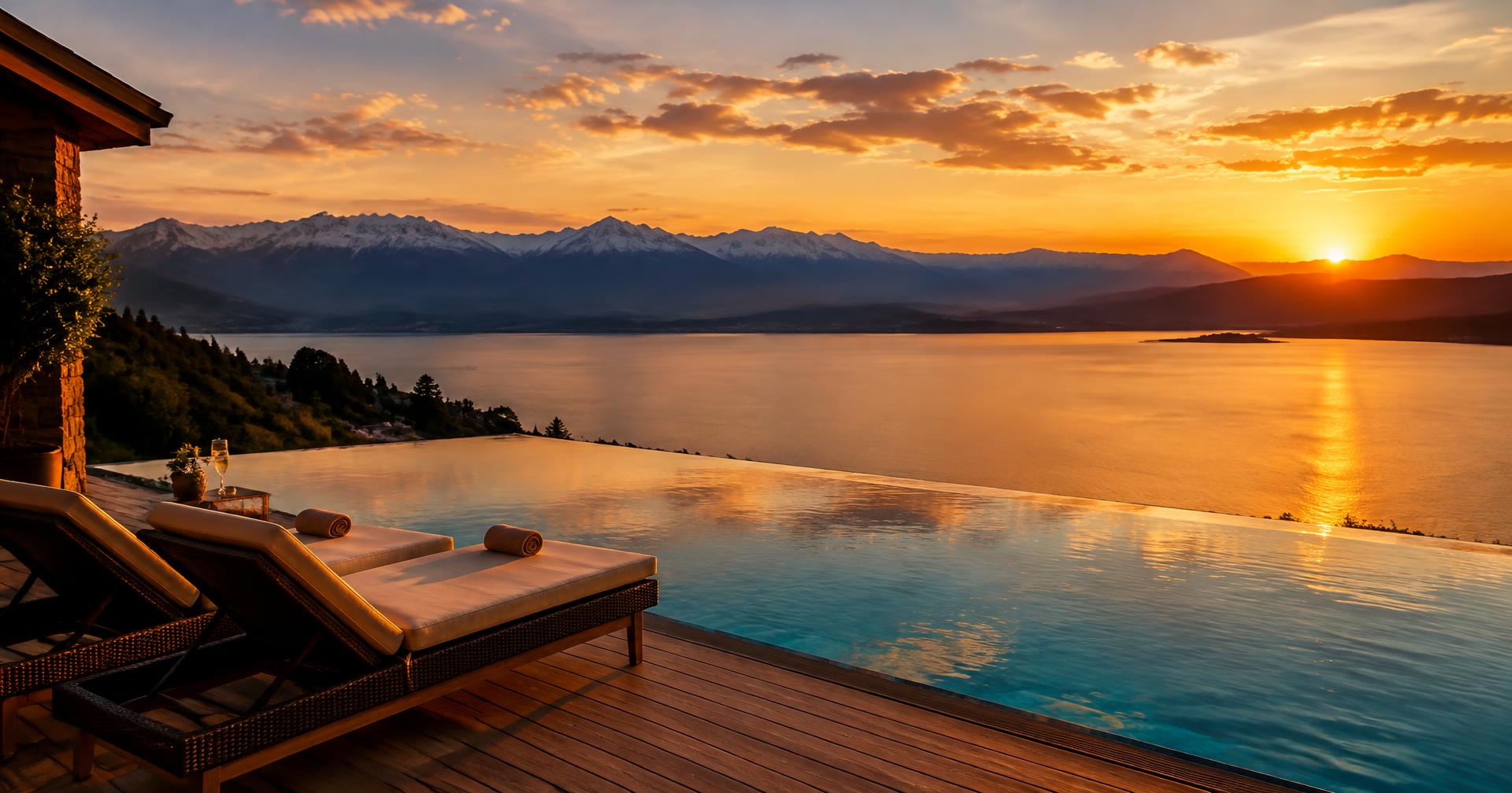 Infinity-Pool mit Blick auf See und Alpen bei Sonnenuntergang