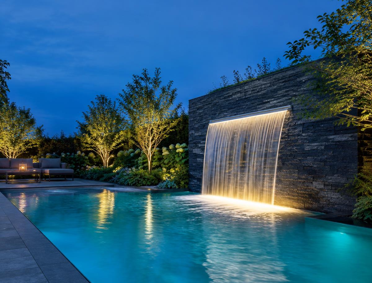 Beleuchteter Designpool mit Wasserfall aus Naturstein bei Nacht